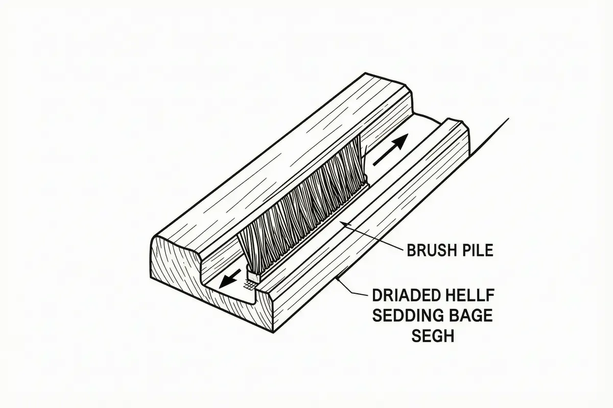 A section view of a parting bead with a brush pile seal set into a routed groove, the pile wiping against the edge of a sash, one arrow showing the direction of travel